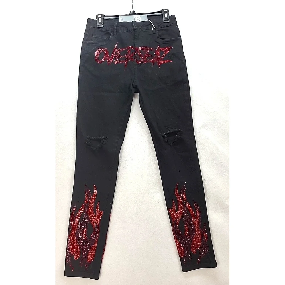 GVAPI Overseaz Drip Jeans Mens 30‎ Flame Rhinestone Distressed Limited Edition